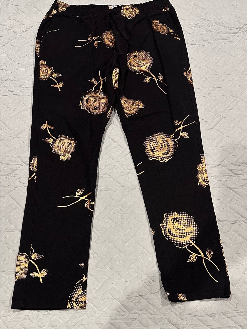 Fresh Prince of Bel Air Pants Men XL Black Gold Rose Print Stretch Casual Pants